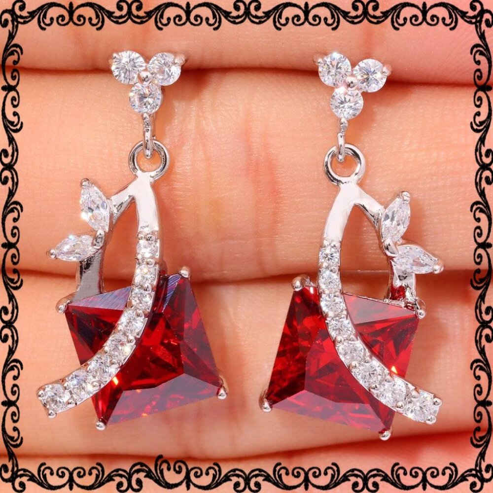 New - Garnet With White Topaz Silver Earrings